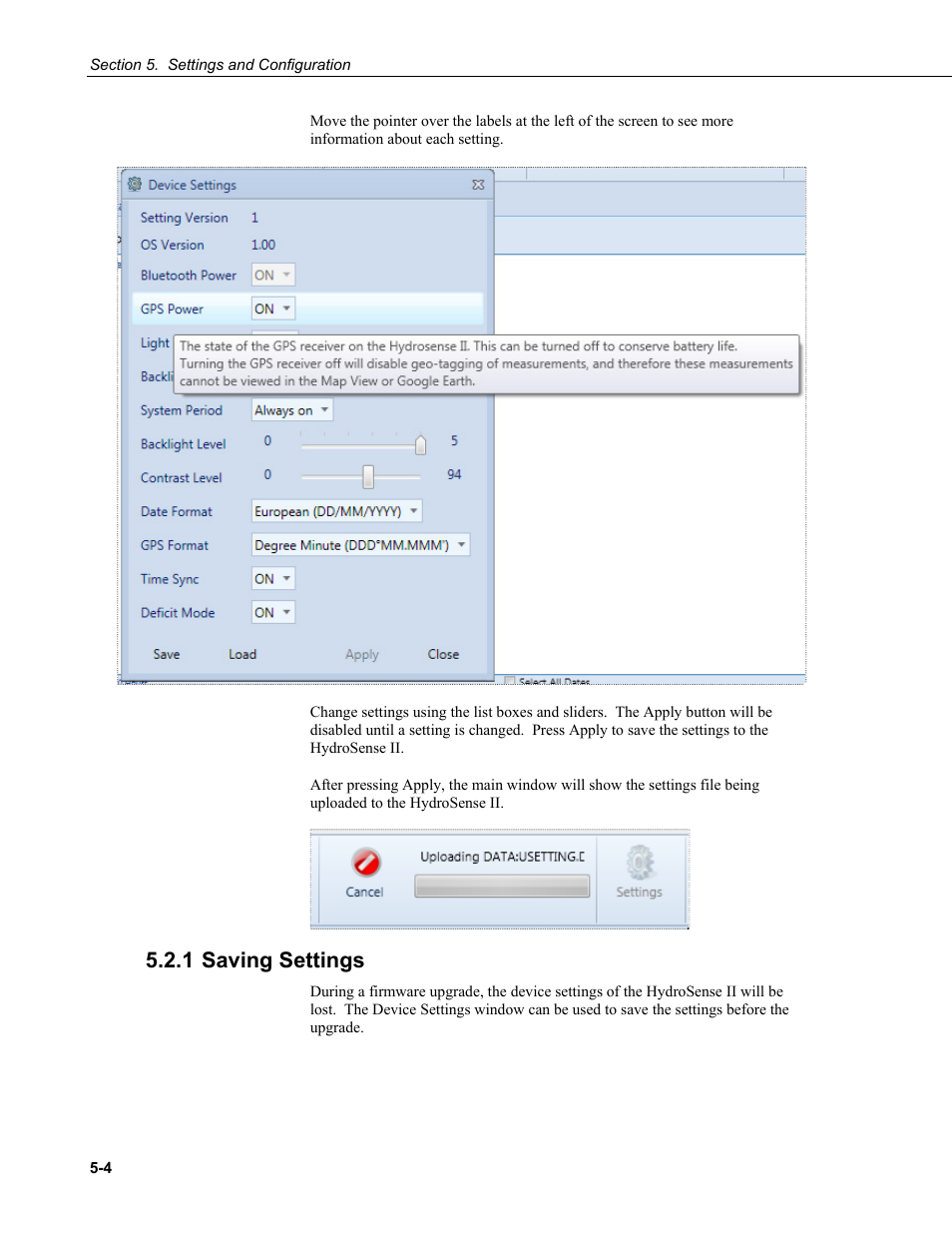 1 saving settings, 1 saving, Settings -4 | Campbell Scientific HydroSense II Support Software User Guide User Manual | Page 54 / 82