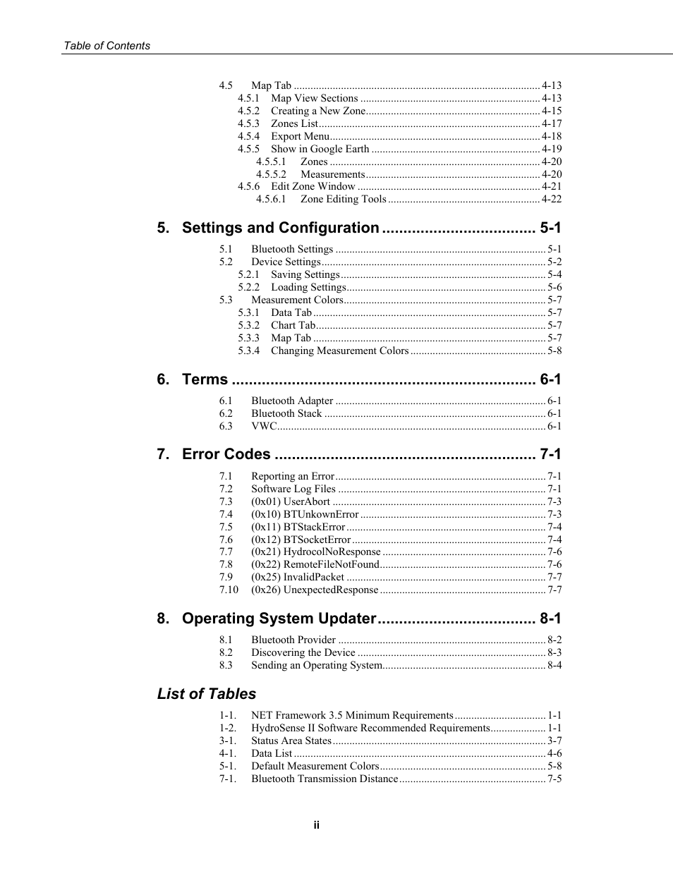 Settings and configuration -1, Terms -1, Error codes -1 | Operating system updater -1, List of tables | Campbell Scientific HydroSense II Support Software User Guide User Manual | Page 6 / 82