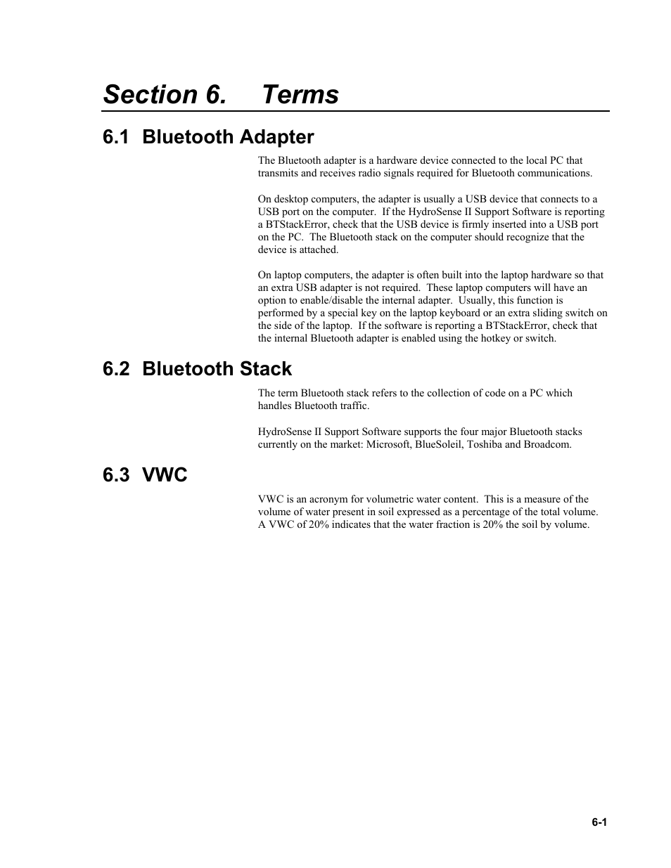 Section 6. terms, 1 bluetooth adapter, 2 bluetooth stack | 3 vwc, Terms -1, 1 bluetooth, Adapter -1, 2 bluetooth, Stack -1, 3 vwc -1 | Campbell Scientific HydroSense II Support Software User Guide User Manual | Page 63 / 82