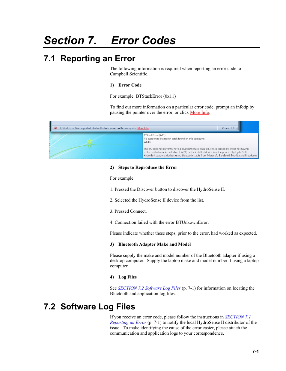 Section 7. error codes, 1 reporting an error, 2 software log files | Error codes -1, 1 reporting, An error -1, 2 software, Files -1 | Campbell Scientific HydroSense II Support Software User Guide User Manual | Page 65 / 82