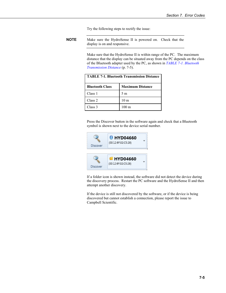 1. bluetooth, Transmission distance -5 | Campbell Scientific HydroSense II Support Software User Guide User Manual | Page 69 / 82