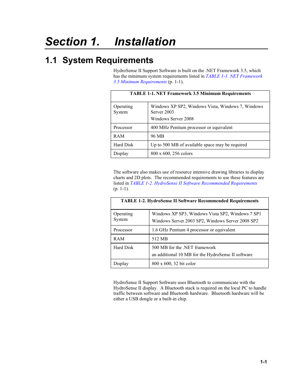 Section 1. installation, 1 system requirements, Installation -1 | 1 system, Requirements -1 | Campbell Scientific HydroSense II Support Software User Guide User Manual | Page 7 / 82