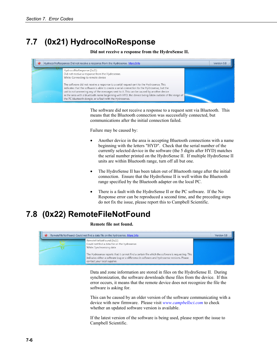 7 (0x21) hydrocolnoresponse, 8 (0x22) remotefilenotfound, 7 (0x21) | Hydrocolnoresponse -6, 8 (0x22), Remotefilenotfound -6 | Campbell Scientific HydroSense II Support Software User Guide User Manual | Page 70 / 82