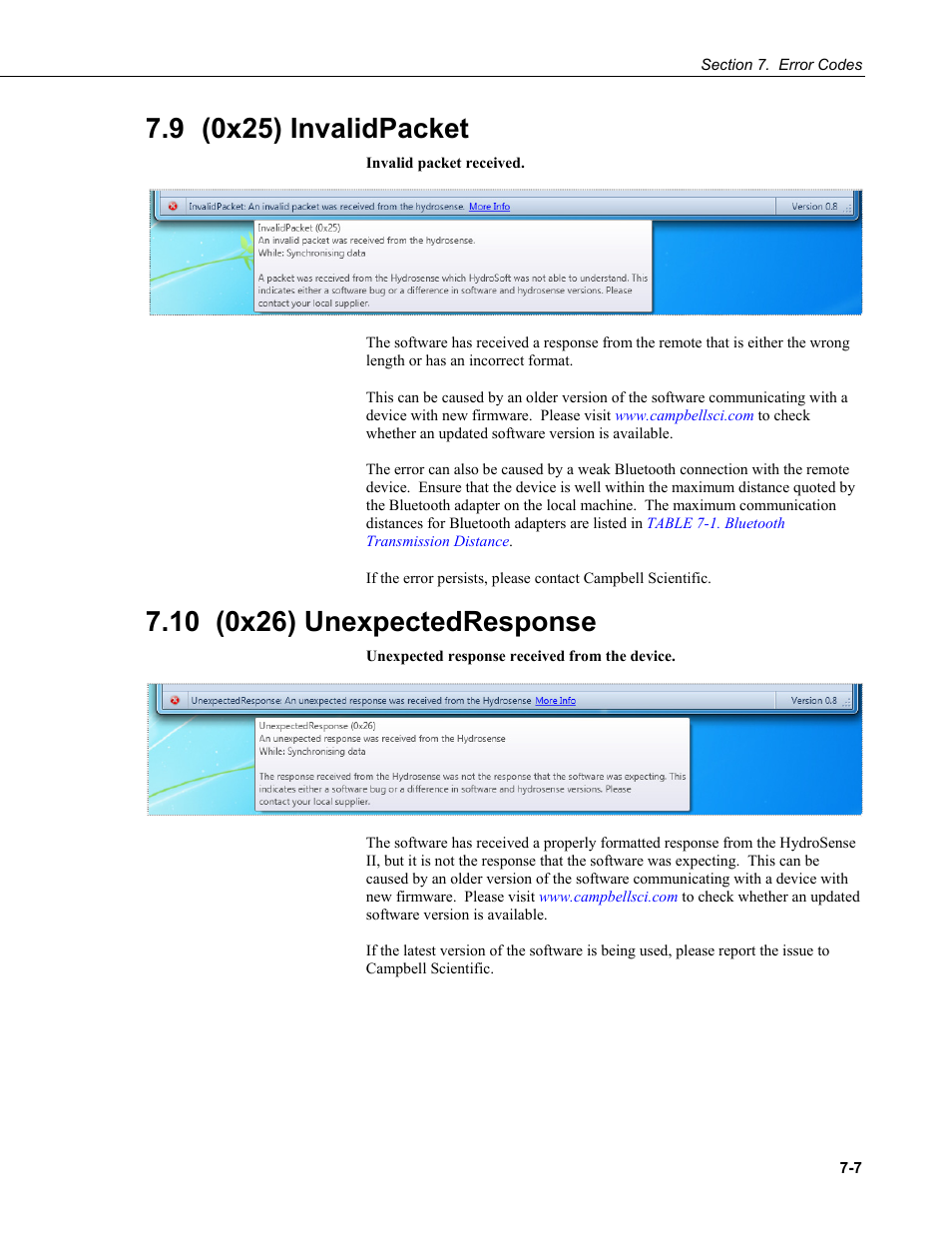 9 (0x25) invalidpacket, 10 (0x26) unexpectedresponse, 9 (0x25) | Invalidpacket -7, 10 (0x26), Unexpectedresponse -7 | Campbell Scientific HydroSense II Support Software User Guide User Manual | Page 71 / 82