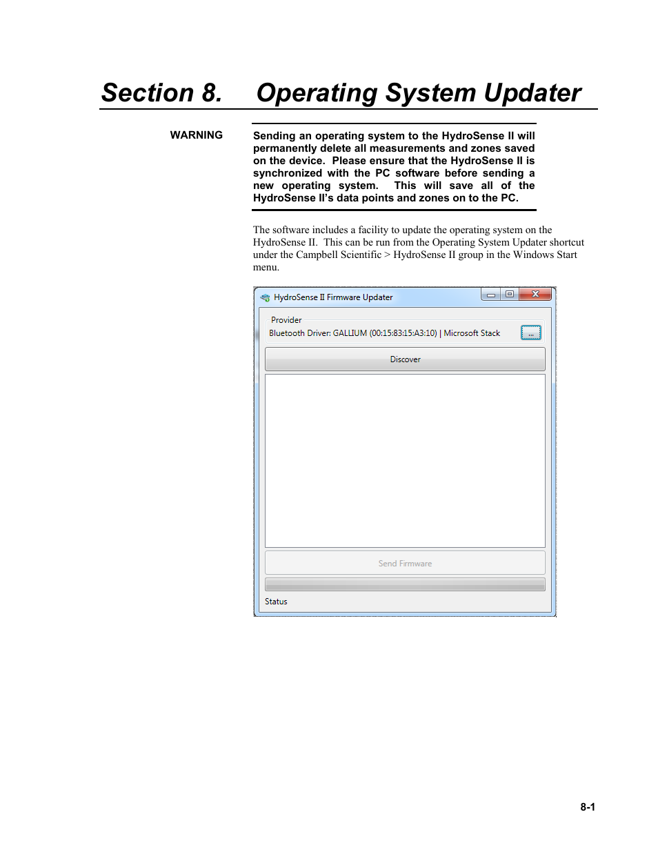 Section 8. operating system updater, Operating system updater -1, Operating system updater | Campbell Scientific HydroSense II Support Software User Guide User Manual | Page 73 / 82