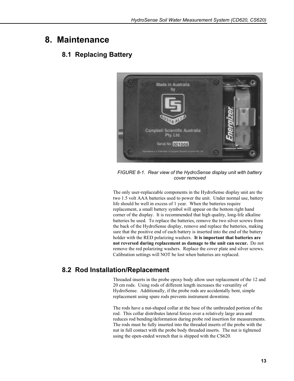 Maintenance, 1 replacing battery, 2 rod installation/replacement | Campbell Scientific HydroSense® Soil Water Content System (CS620, CD620) User Manual | Page 17 / 28