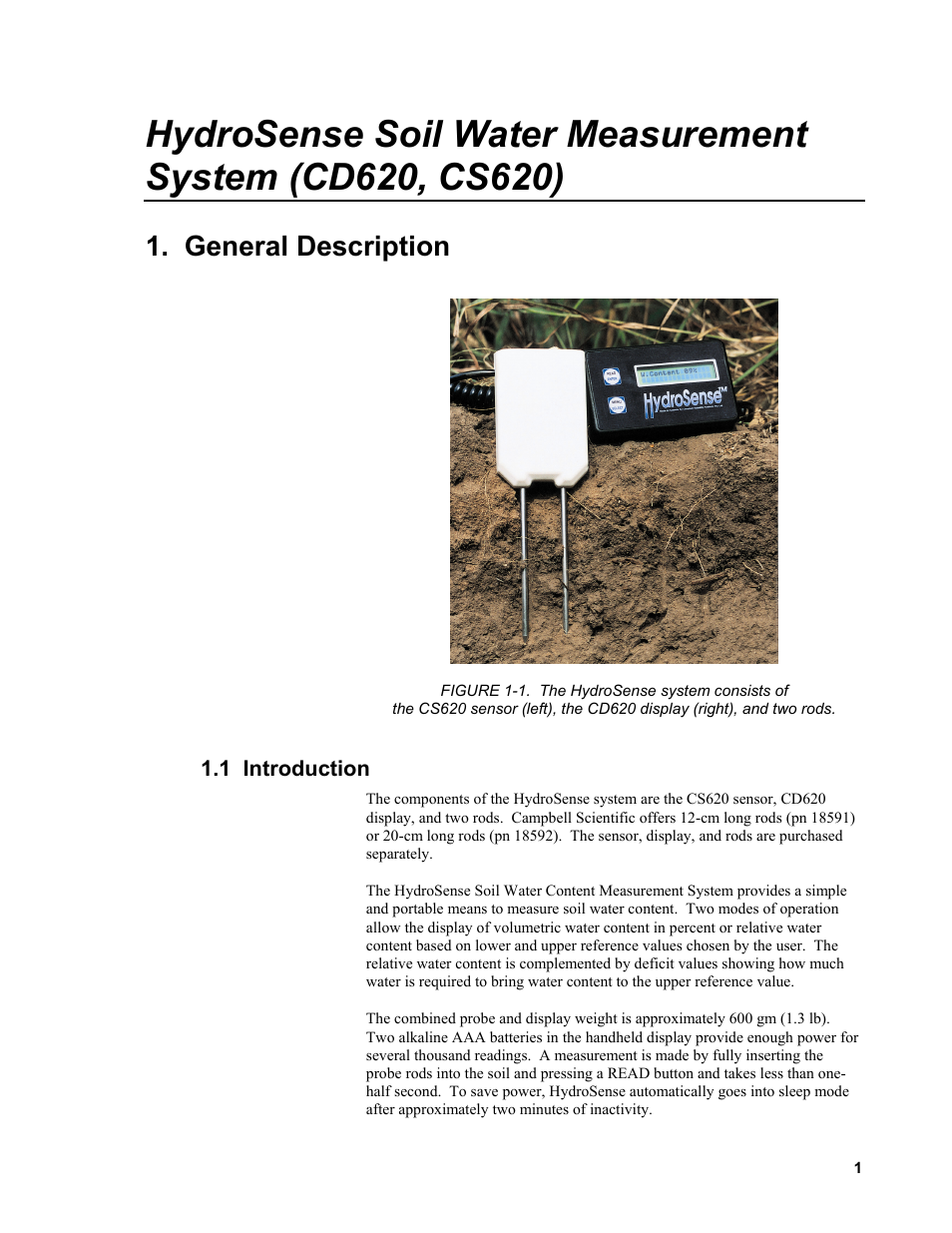 General description, 1 introduction | Campbell Scientific HydroSense® Soil Water Content System (CS620, CD620) User Manual | Page 5 / 28