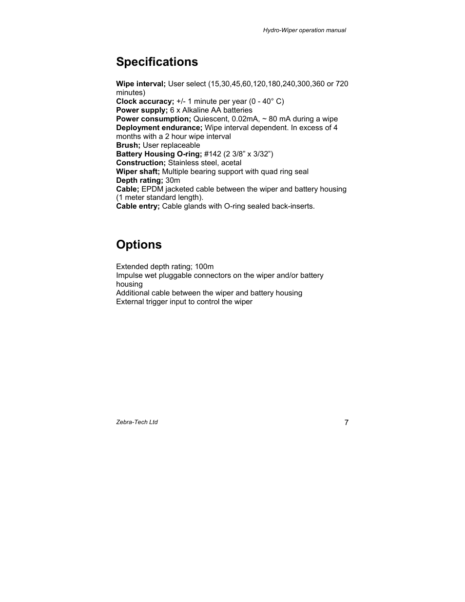 Specifications, Options | Campbell Scientific Hydro-Wiper-C Operation Manual from Zebra-Tech User Manual | Page 8 / 9