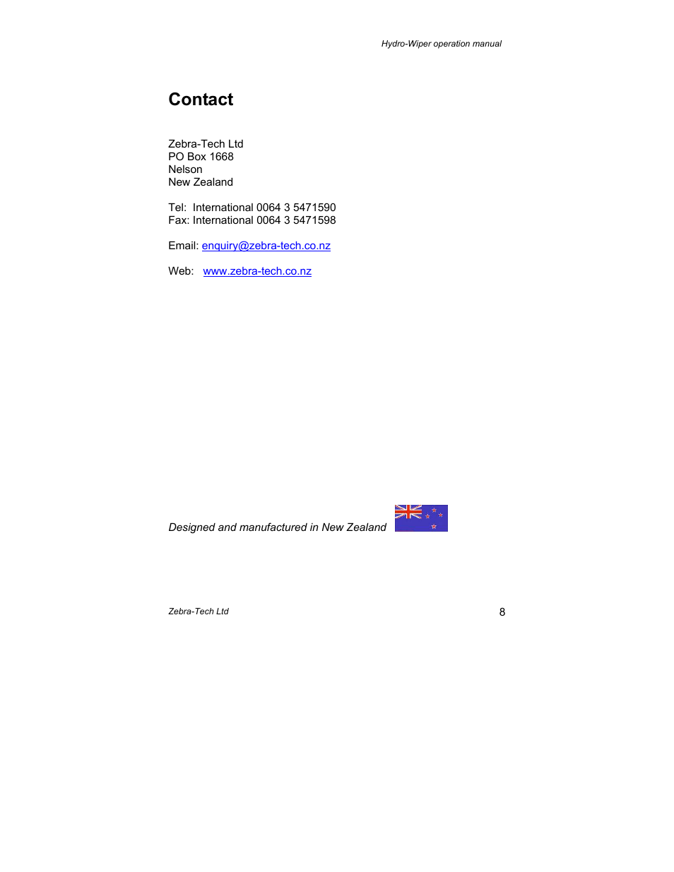Contact | Campbell Scientific Hydro-Wiper-C Operation Manual from Zebra-Tech User Manual | Page 9 / 9