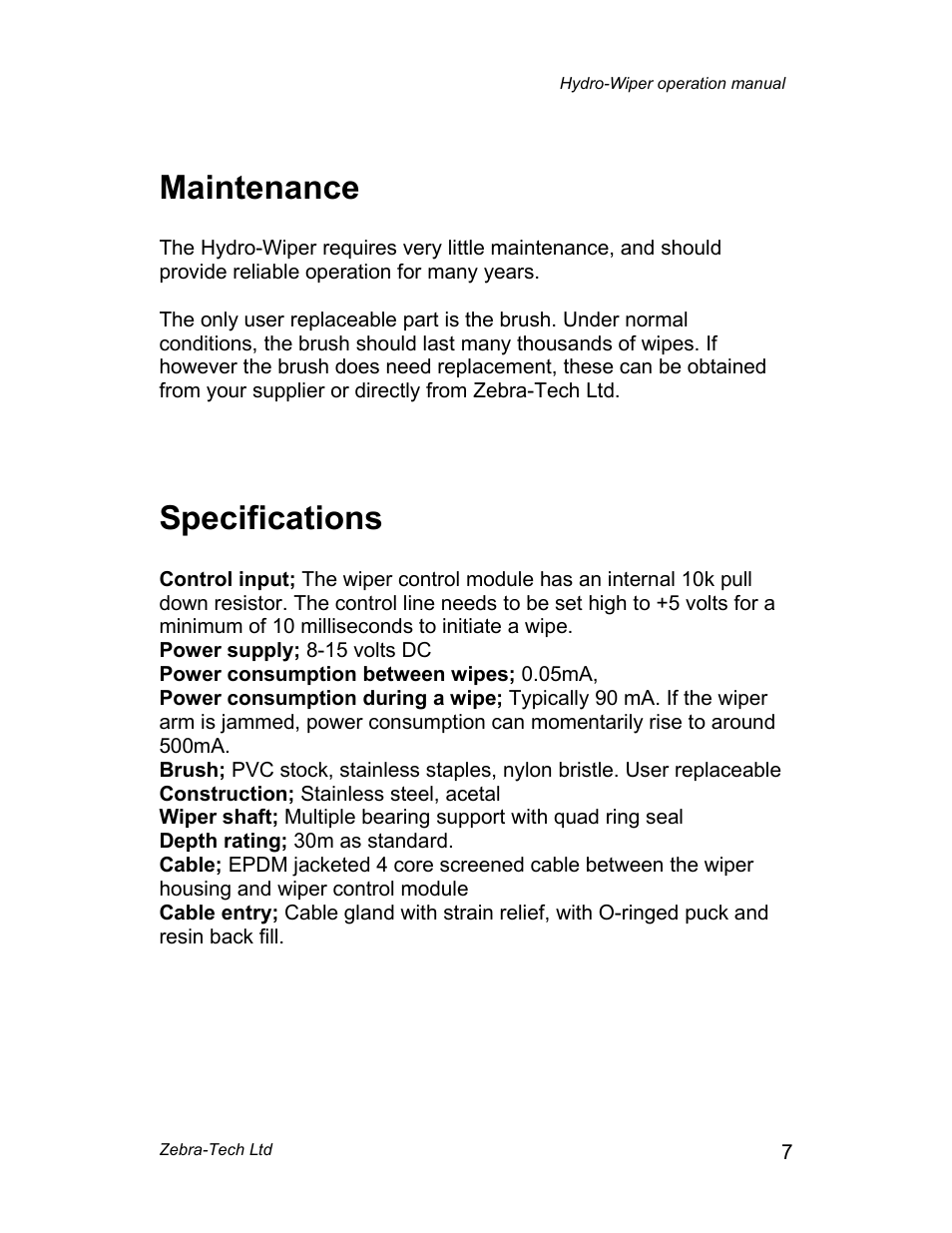 Maintenance, Specifications | Campbell Scientific Hydro-Wiper-D Manual from ZebraTech User Manual | Page 8 / 9