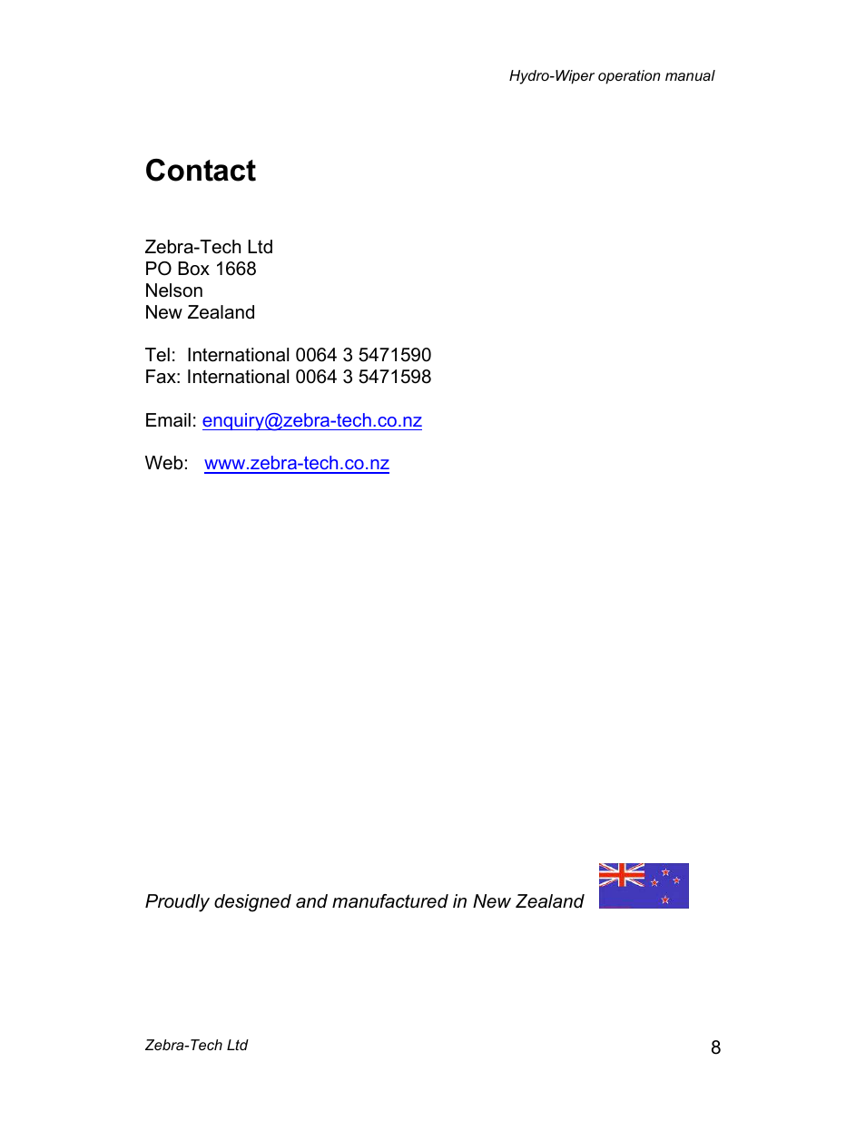 Contact | Campbell Scientific Hydro-Wiper-D Manual from ZebraTech User Manual | Page 9 / 9