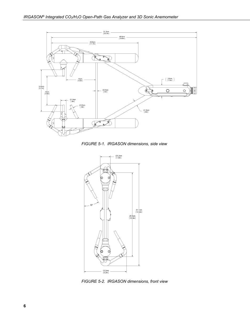 1. irgason dimensions, side view, 2. irgason dimensions, front view | Campbell Scientific IRGASON Integrated CO2/H2O Open-Path Gas Analyzer and 3D Sonic Anemometer User Manual | Page 16 / 66