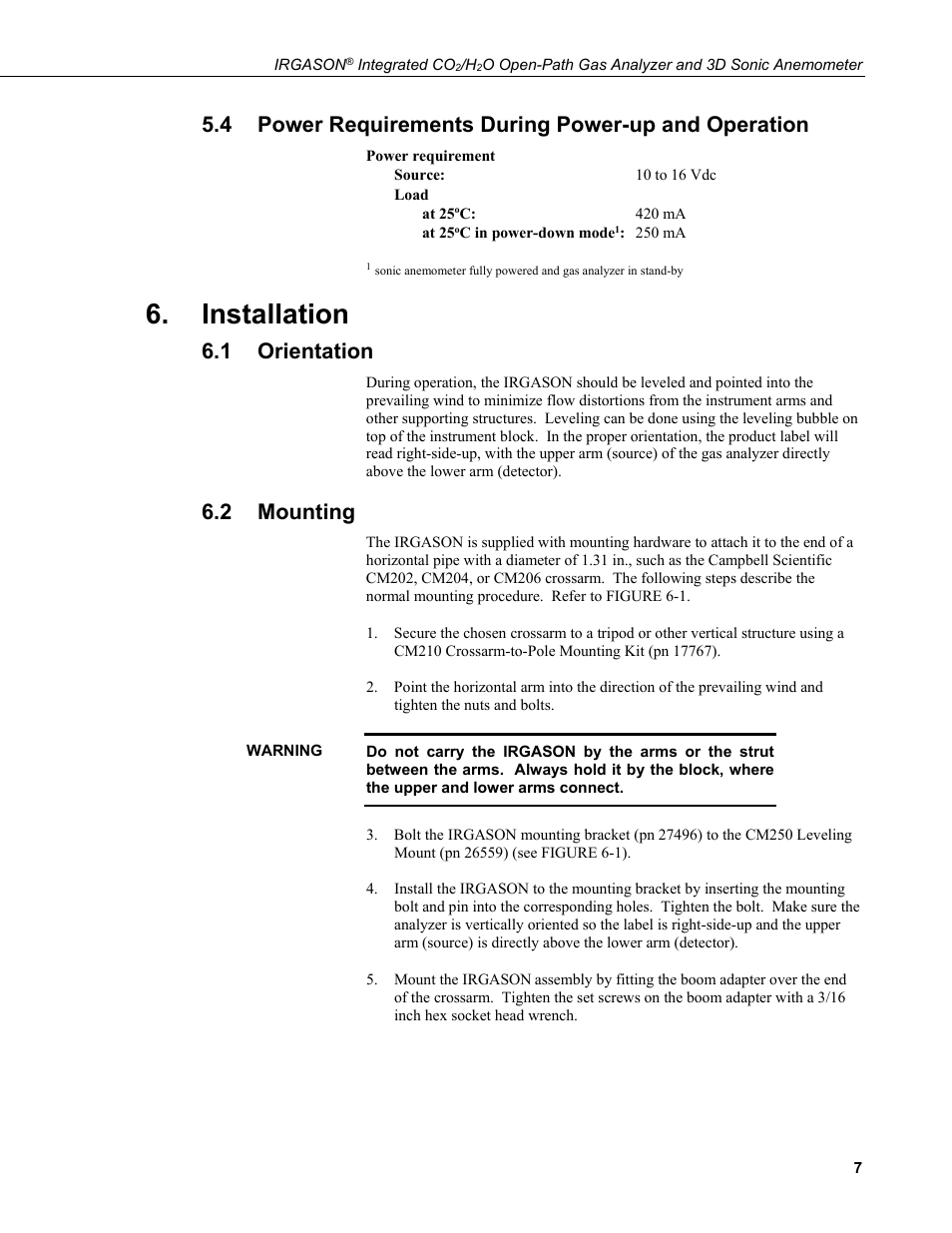4 power requirements during power-up and operation, Installation, 1 orientation | 2 mounting, Power requirements during power-up and operation, Orientation, Mounting | Campbell Scientific IRGASON Integrated CO2/H2O Open-Path Gas Analyzer and 3D Sonic Anemometer User Manual | Page 17 / 66