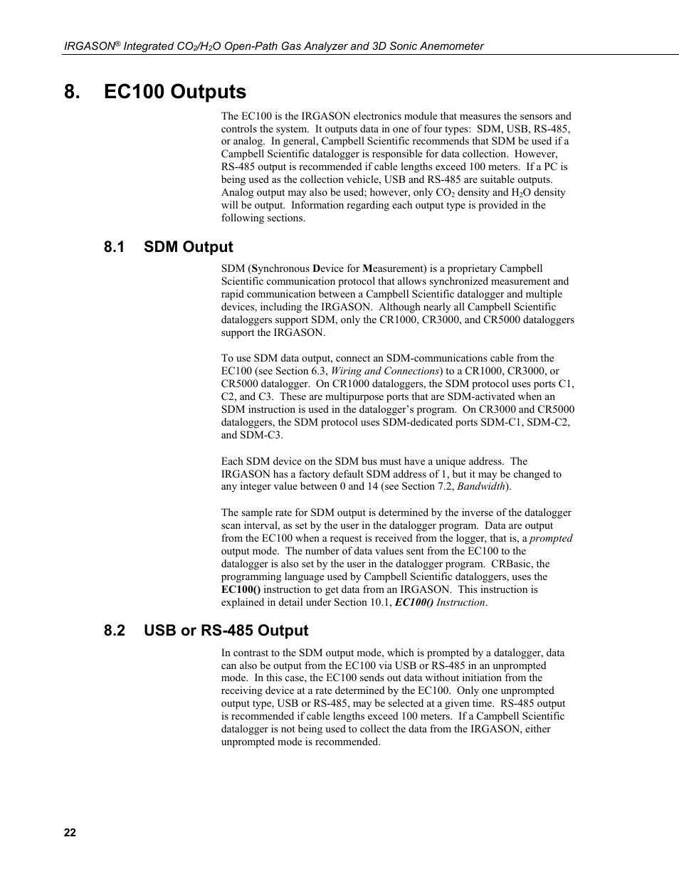 Ec100 outputs, 1 sdm output, 2 usb or rs-485 output | Sdm output, Usb or rs-485 output | Campbell Scientific IRGASON Integrated CO2/H2O Open-Path Gas Analyzer and 3D Sonic Anemometer User Manual | Page 32 / 66