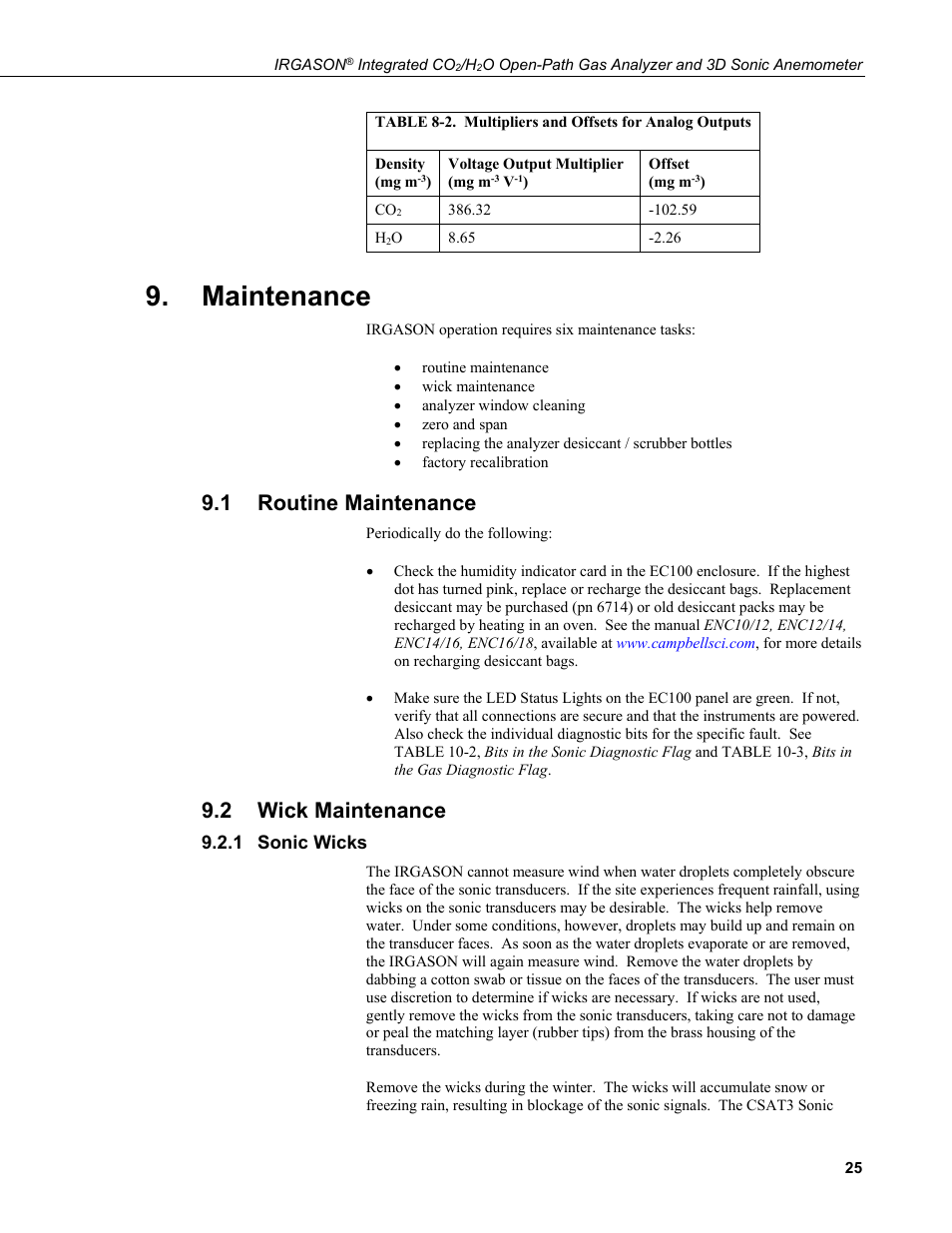 Maintenance, 1 routine maintenance, 2 wick maintenance | 1 sonic wicks, Routine maintenance, Wick maintenance, Sonic wicks, 2. multipliers and offsets for analog outputs | Campbell Scientific IRGASON Integrated CO2/H2O Open-Path Gas Analyzer and 3D Sonic Anemometer User Manual | Page 35 / 66