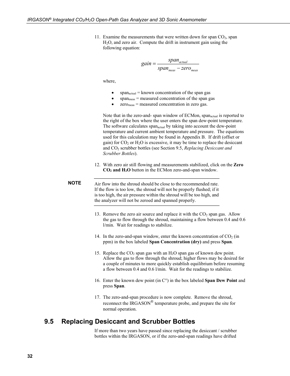 5 replacing desiccant and scrubber bottles, Replacing desiccant and scrubber bottles, N 9.5 | Zero span span gain | Campbell Scientific IRGASON Integrated CO2/H2O Open-Path Gas Analyzer and 3D Sonic Anemometer User Manual | Page 42 / 66