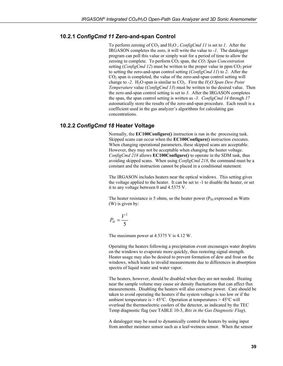 1 configcmd 11 zero-and-span control, 2 configcmd 18 heater voltage, Configcmd 11 zero-and-span control | Configcmd 18 heater voltage | Campbell Scientific IRGASON Integrated CO2/H2O Open-Path Gas Analyzer and 3D Sonic Anemometer User Manual | Page 49 / 66