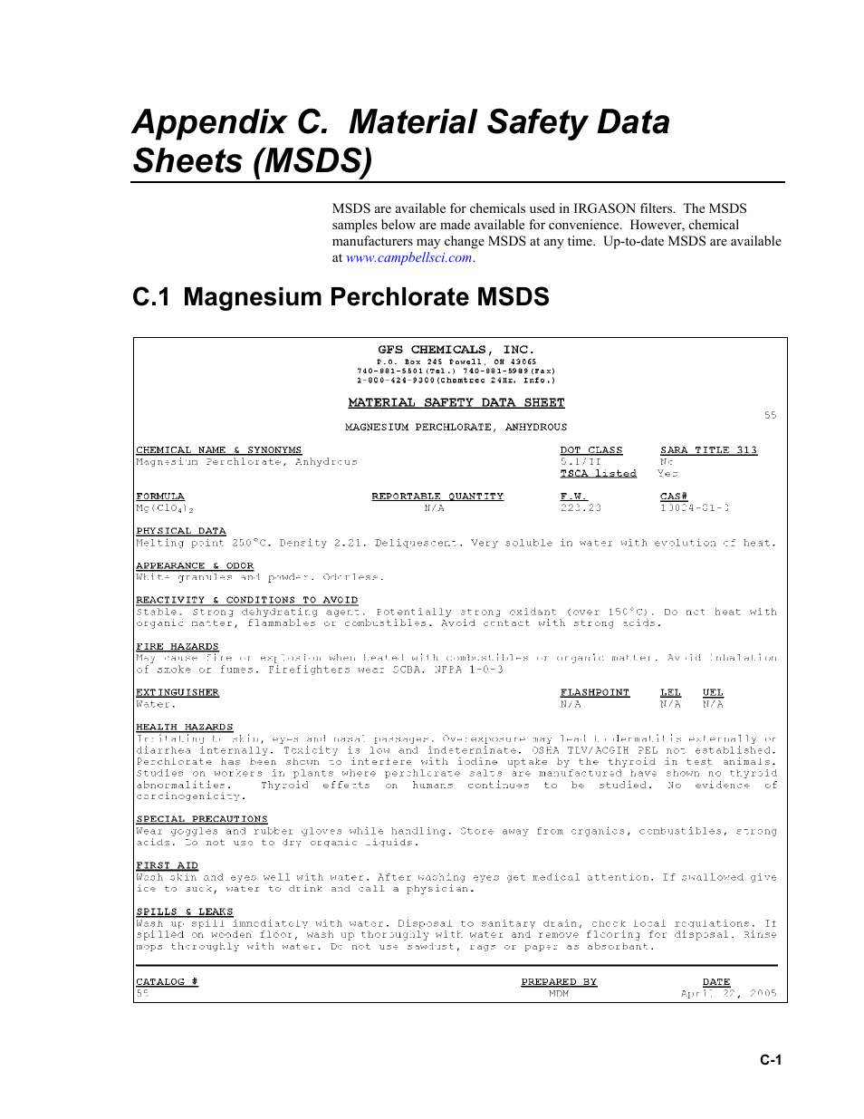 Appendix c. material safety data sheets (msds), C.1 magnesium perchlorate msds, Appendix c | Campbell Scientific IRGASON Integrated CO2/H2O Open-Path Gas Analyzer and 3D Sonic Anemometer User Manual | Page 61 / 66