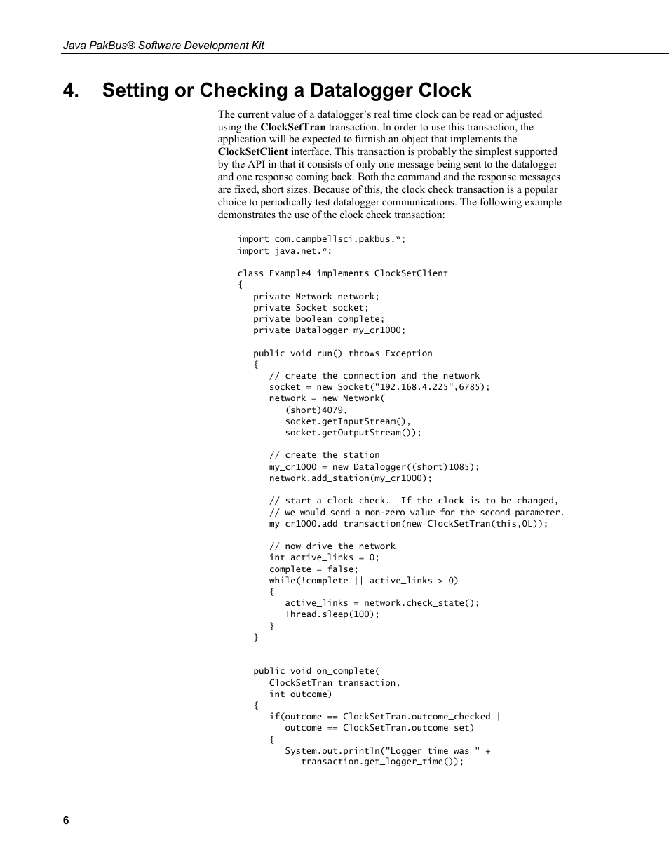 Setting or checking a datalogger clock | Campbell Scientific Java PakBus Software Development Kit User Manual | Page 14 / 30