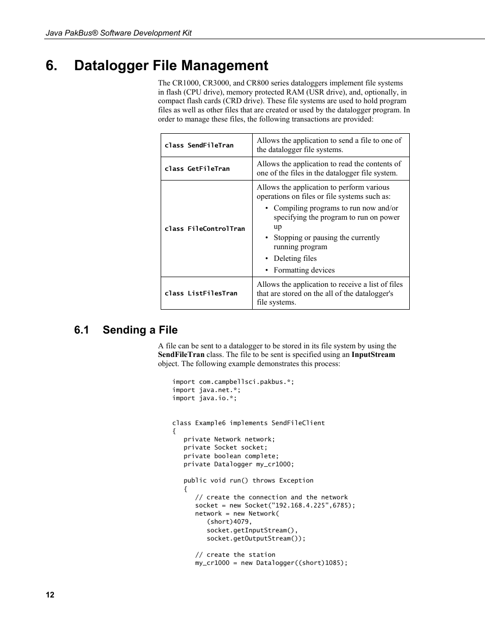 Datalogger file management, 1 sending a file, Sending a file | Campbell Scientific Java PakBus Software Development Kit User Manual | Page 20 / 30