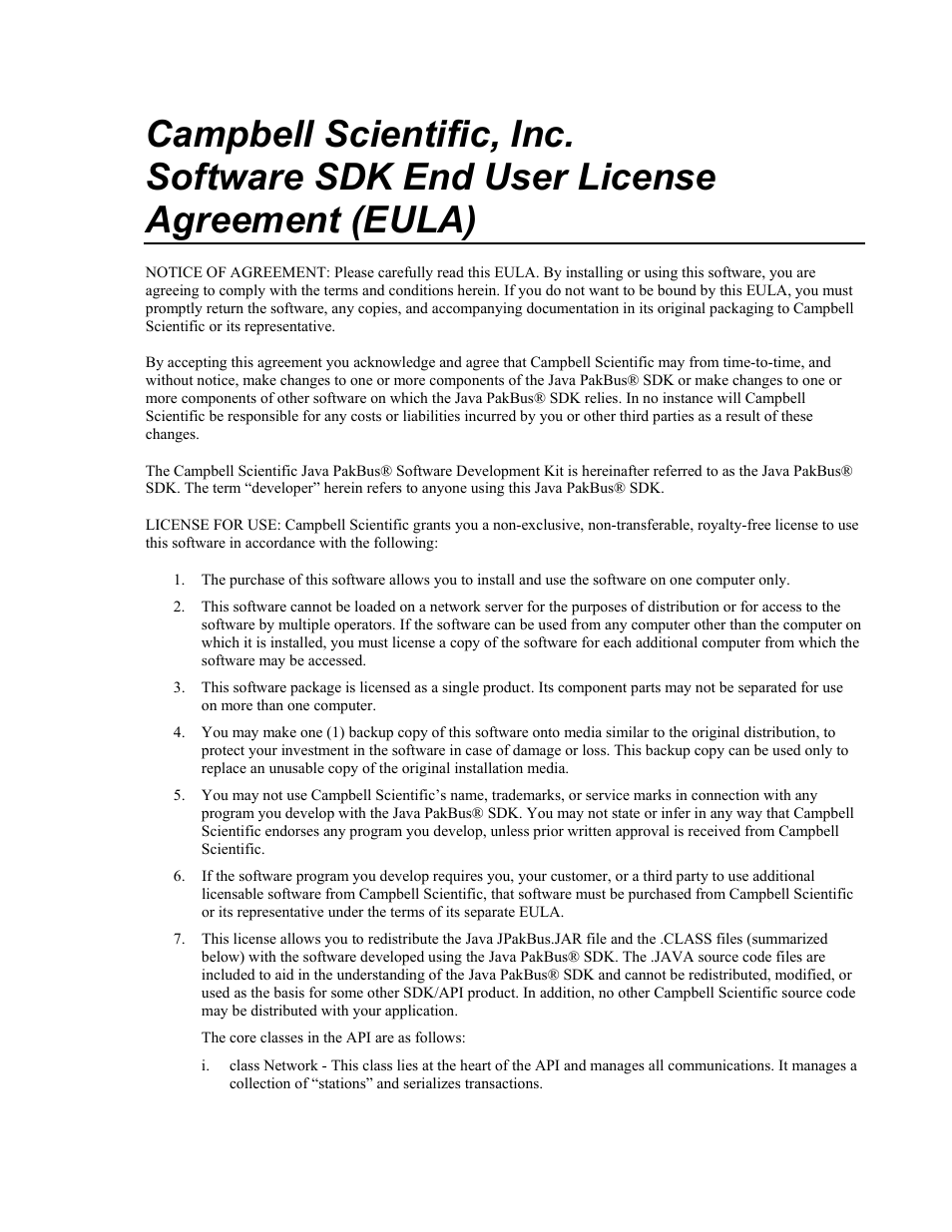 End user license agreement (eula) | Campbell Scientific Java PakBus Software Development Kit User Manual | Page 3 / 30