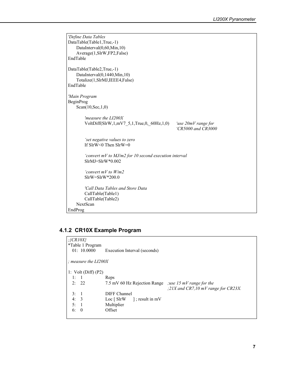 2 cr10x example program | Campbell Scientific LI200X-L LI-COR Silicon Pyranometer User Manual | Page 11 / 18