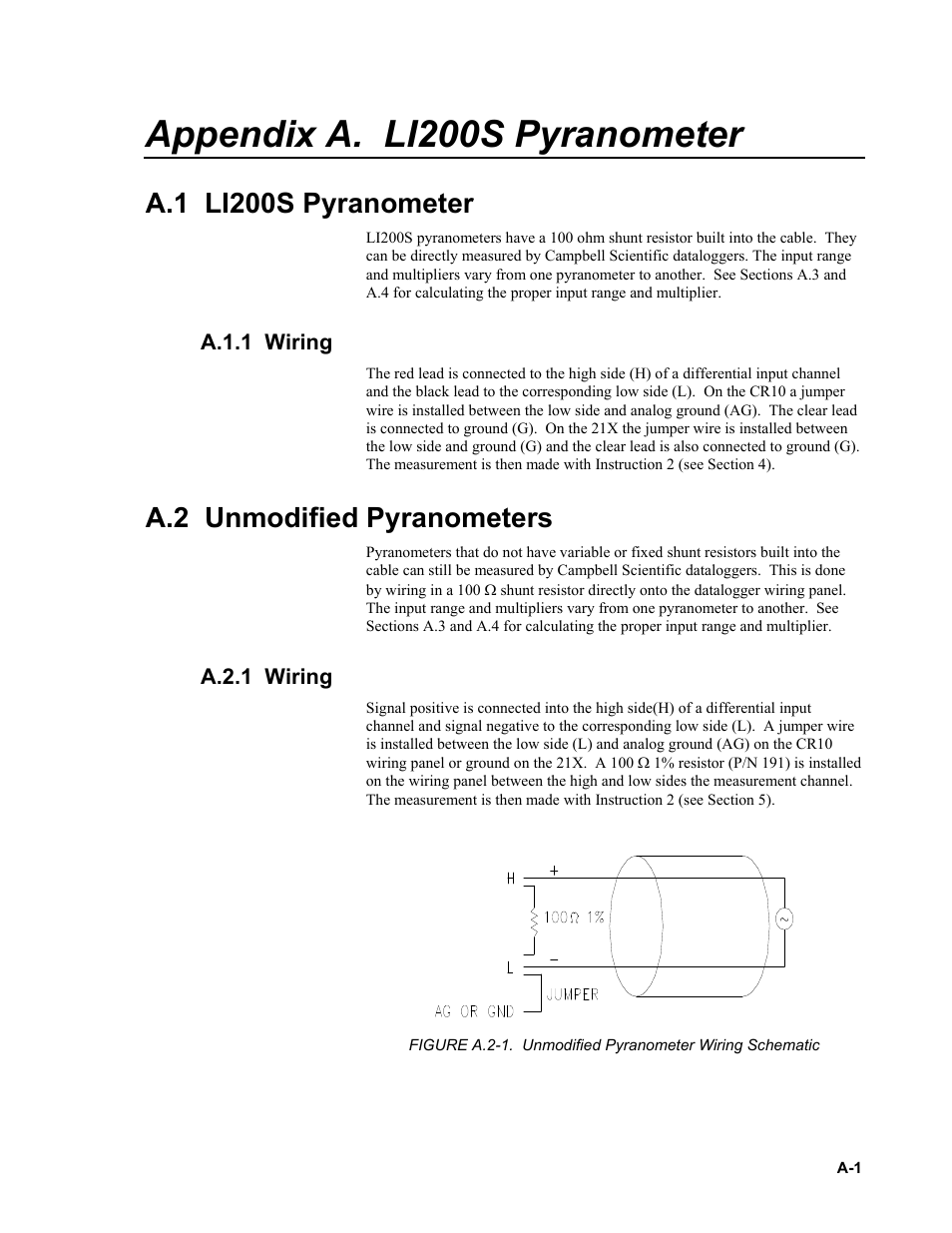 Appendix a. li200s pyranometer, A.1 li200s pyranometer, A.1.1 wiring | A.2 unmodified pyranometers, A.2.1 wiring | Campbell Scientific LI200X-L LI-COR Silicon Pyranometer User Manual | Page 15 / 18