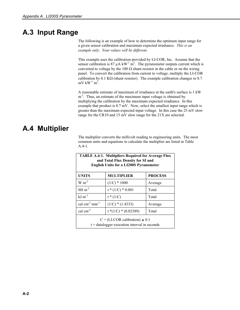 A.3 input range, A.4 multiplier | Campbell Scientific LI200X-L LI-COR Silicon Pyranometer User Manual | Page 16 / 18