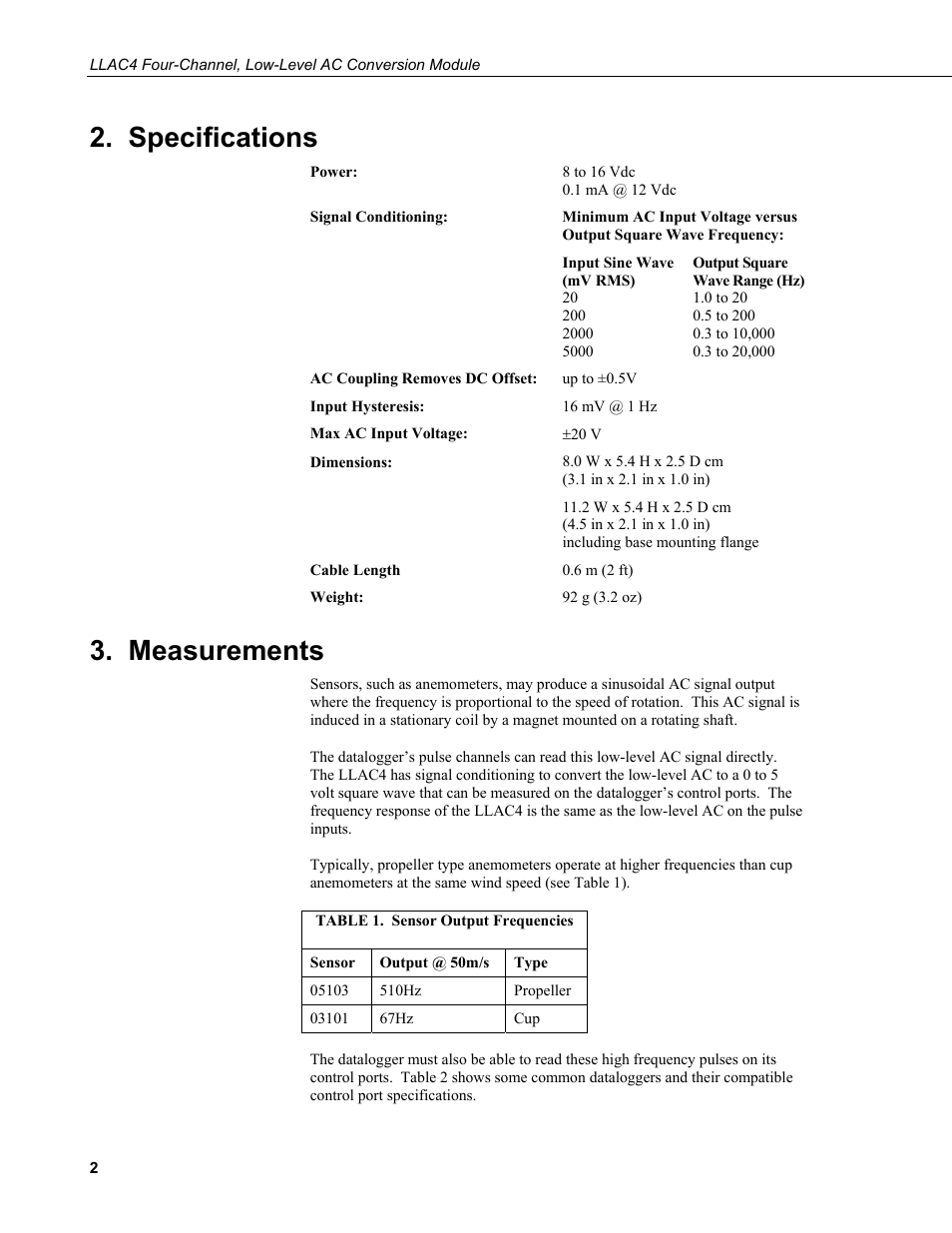 Specifications, Measurements | Campbell Scientific LLAC4 Four-channel, Low-Level AC Conversion Module User Manual | Page 8 / 14