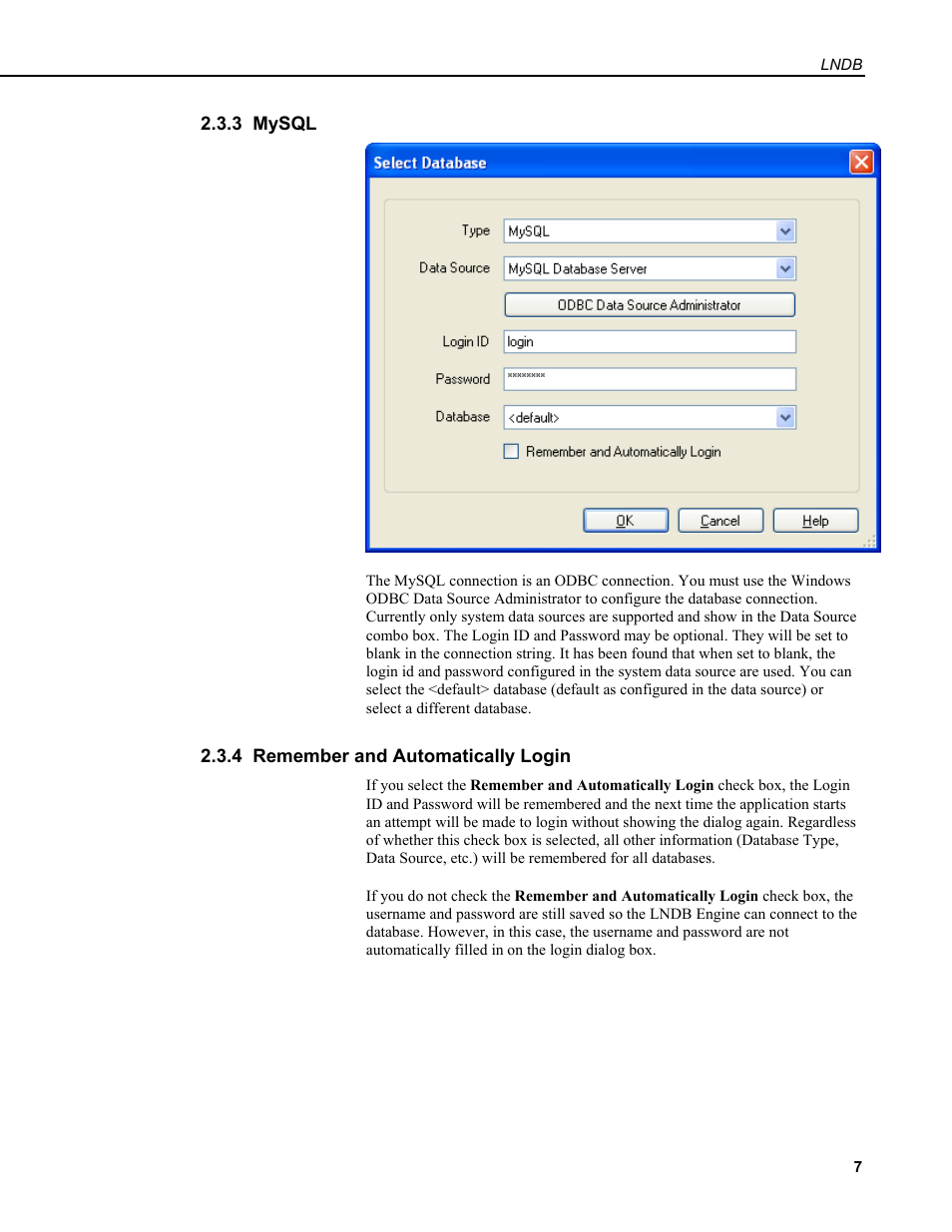 3 mysql, 4 remember and automatically login | Campbell Scientific LNDB LoggerNet Database Software User Manual | Page 13 / 48
