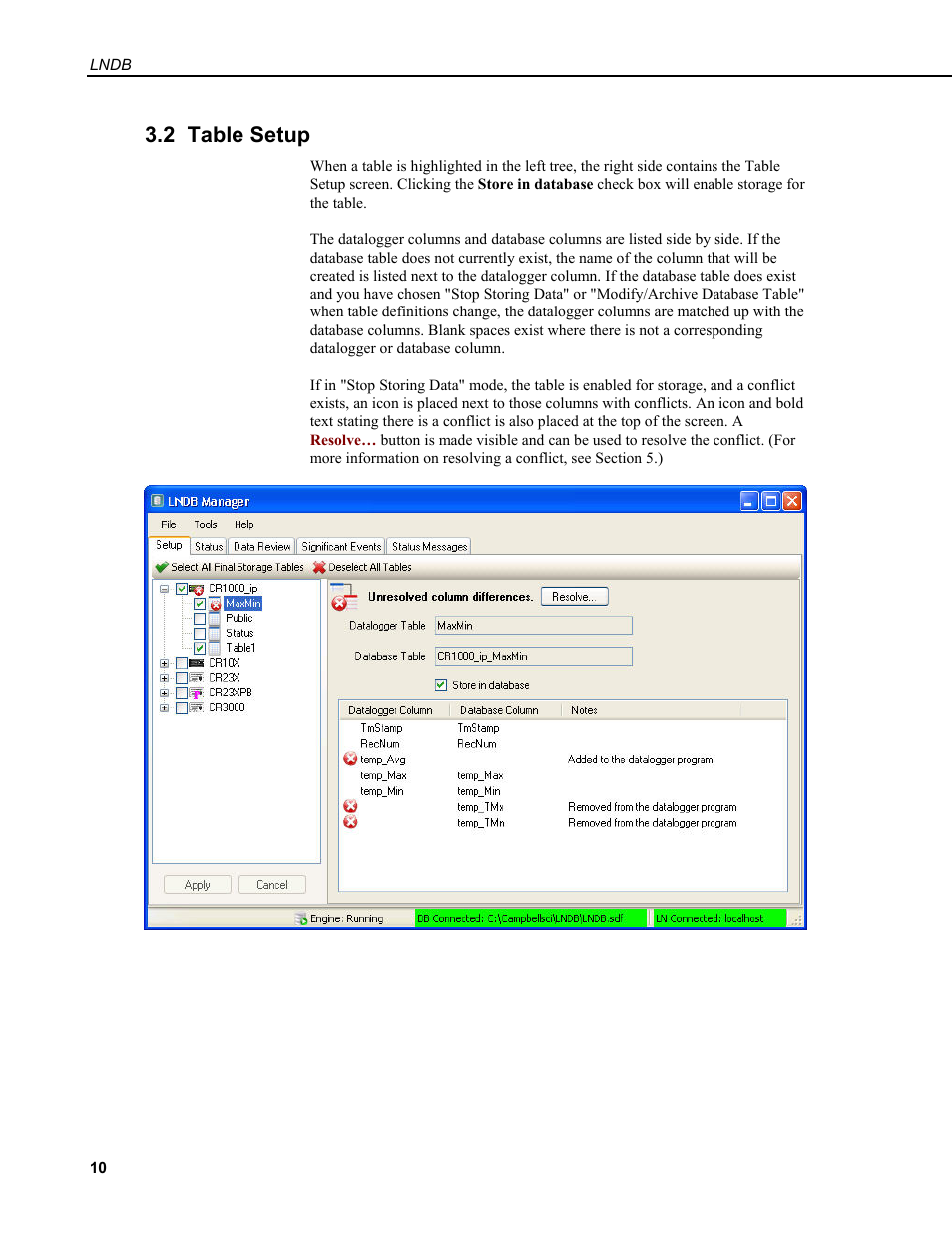 2 table setup | Campbell Scientific LNDB LoggerNet Database Software User Manual | Page 16 / 48