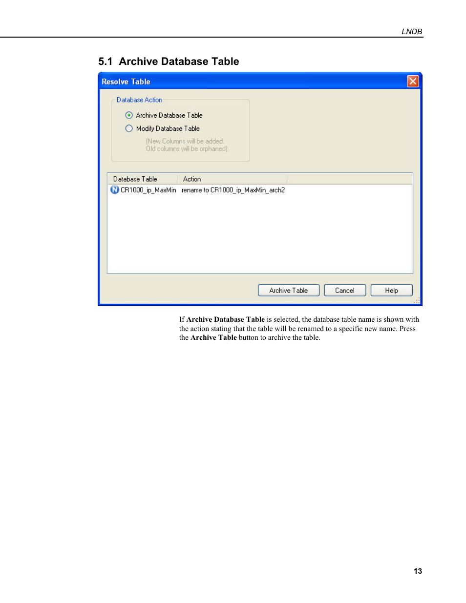 1 archive database table | Campbell Scientific LNDB LoggerNet Database Software User Manual | Page 19 / 48