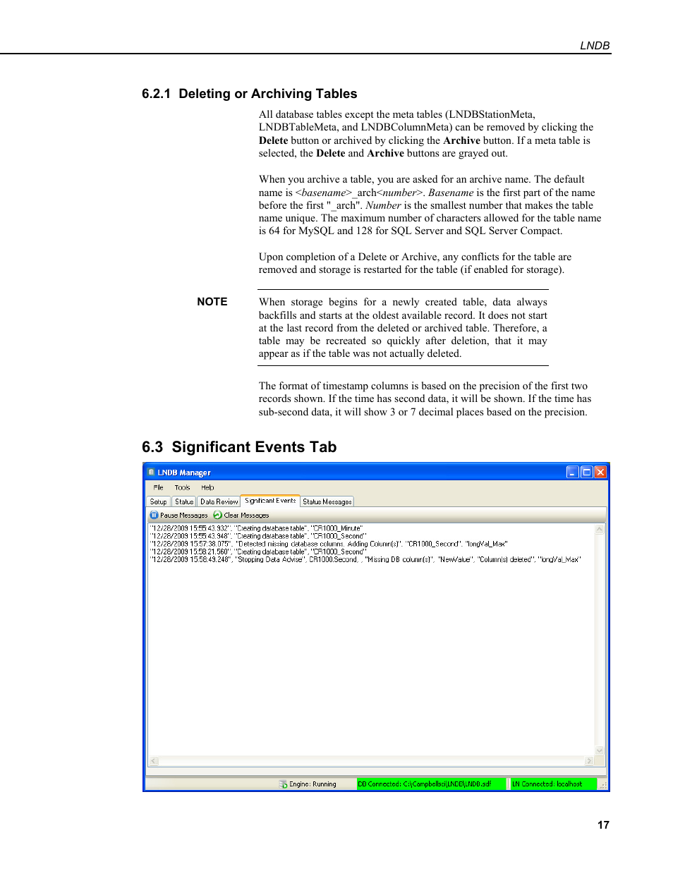 1 deleting or archiving tables, 3 significant events tab | Campbell Scientific LNDB LoggerNet Database Software User Manual | Page 23 / 48
