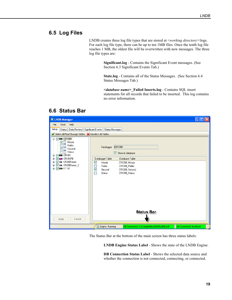 5 log files, 6 status bar | Campbell Scientific LNDB LoggerNet Database Software User Manual | Page 25 / 48