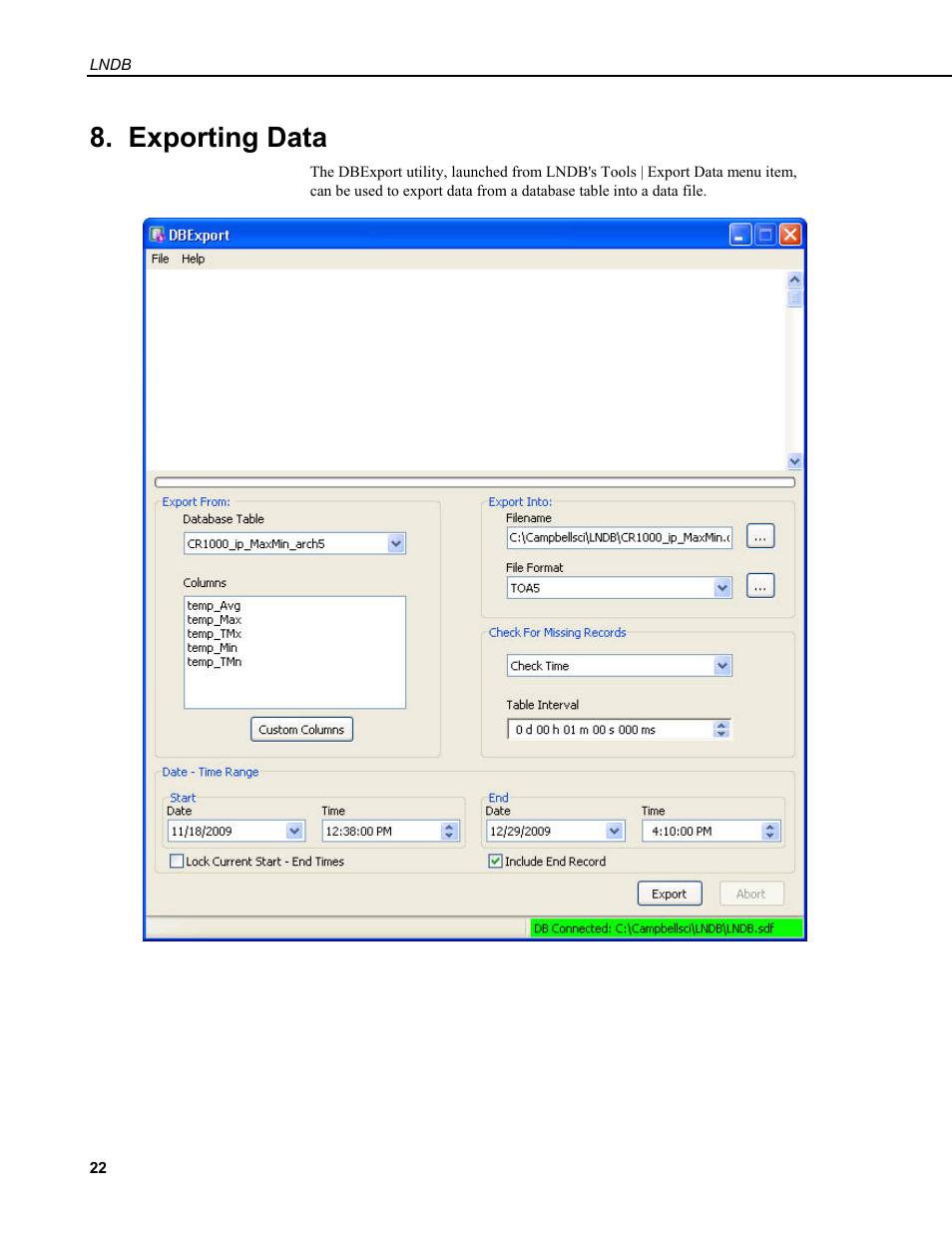 Exporting data | Campbell Scientific LNDB LoggerNet Database Software User Manual | Page 28 / 48