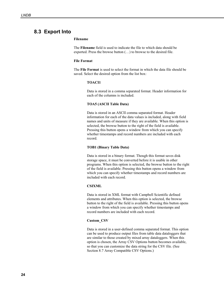 3 export into | Campbell Scientific LNDB LoggerNet Database Software User Manual | Page 30 / 48