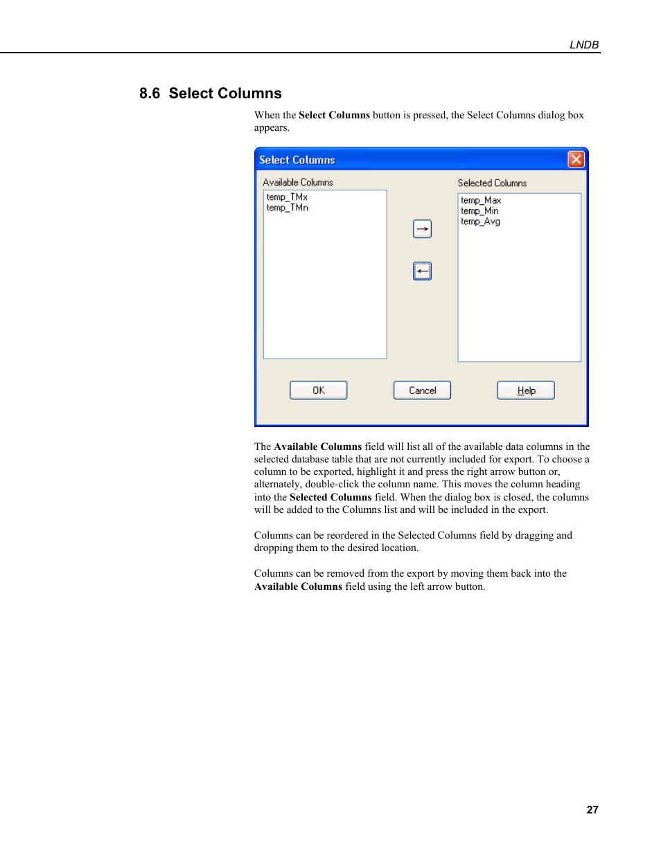 6 select columns | Campbell Scientific LNDB LoggerNet Database Software User Manual | Page 33 / 48