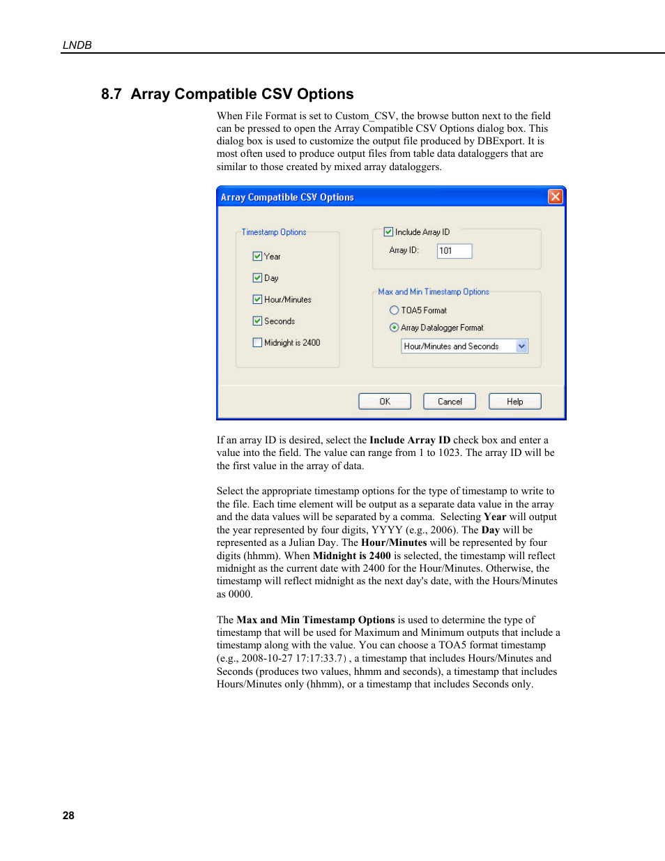 7 array compatible csv options | Campbell Scientific LNDB LoggerNet Database Software User Manual | Page 34 / 48