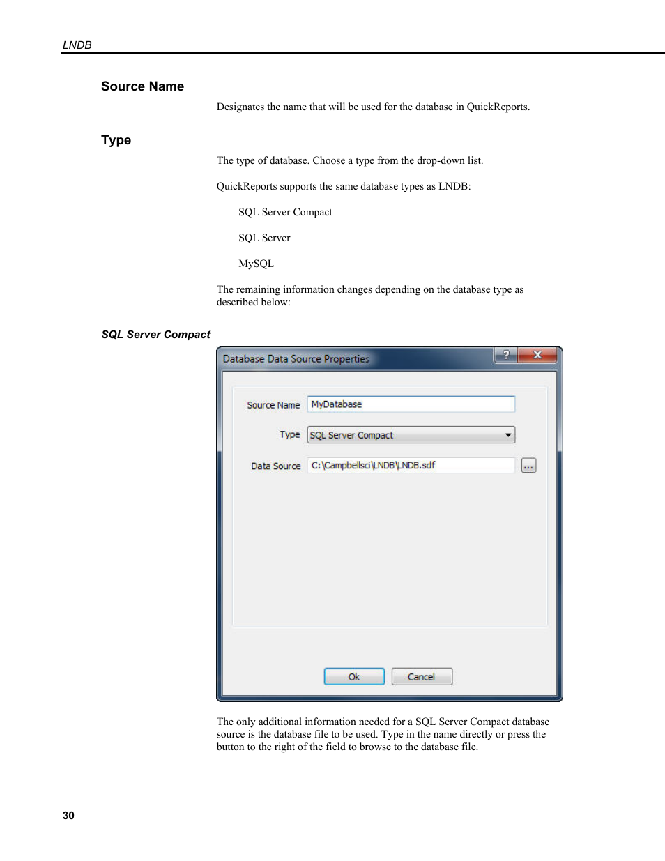 Source name, Type, Sql server compact | Campbell Scientific LNDB LoggerNet Database Software User Manual | Page 36 / 48
