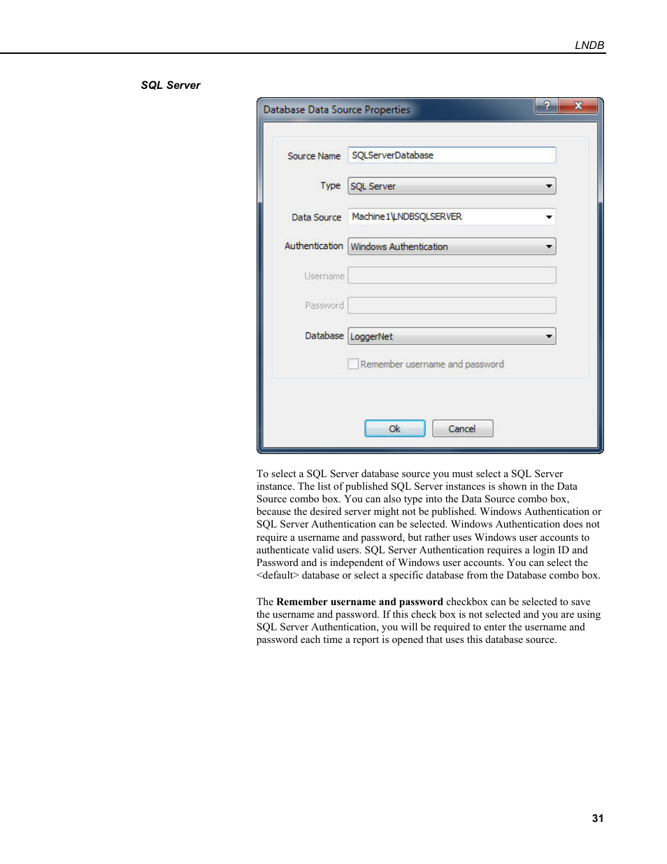 Sql server | Campbell Scientific LNDB LoggerNet Database Software User Manual | Page 37 / 48