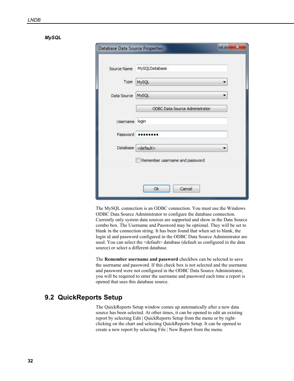 Mysql, 2 quickreports setup | Campbell Scientific LNDB LoggerNet Database Software User Manual | Page 38 / 48