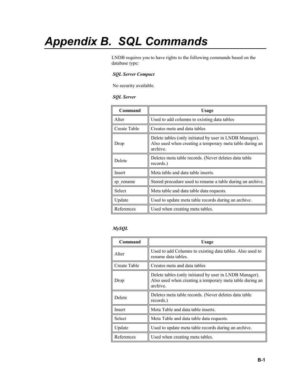 Appendix b. sql commands | Campbell Scientific LNDB LoggerNet Database Software User Manual | Page 45 / 48