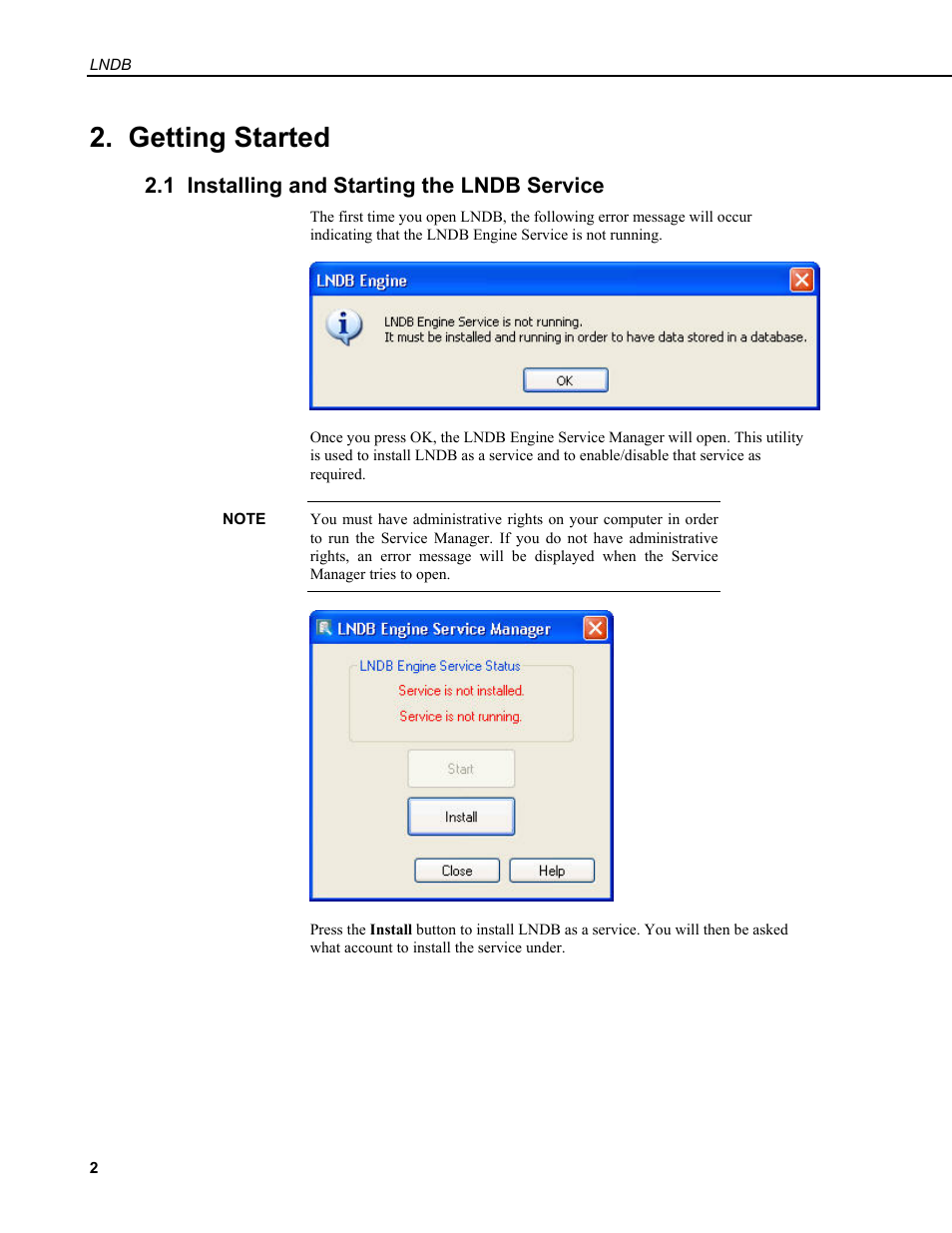 Getting started, 1 installing and starting the lndb service | Campbell Scientific LNDB LoggerNet Database Software User Manual | Page 8 / 48