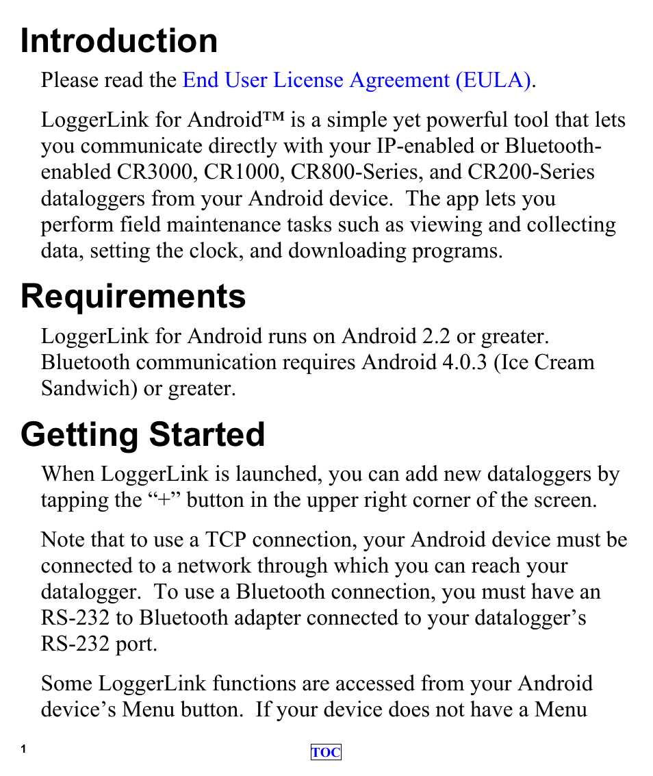 Introduction, Requirements, Getting started | Campbell Scientific LoggerLink Mobile App for Android User Manual | Page 3 / 39