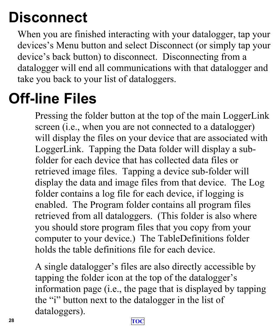 Disconnect, Off-line files | Campbell Scientific LoggerLink Mobile App for Android User Manual | Page 30 / 39