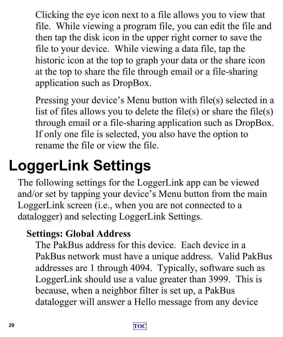 Loggerlink settings, Loggerlink, Settings | Campbell Scientific LoggerLink Mobile App for Android User Manual | Page 31 / 39