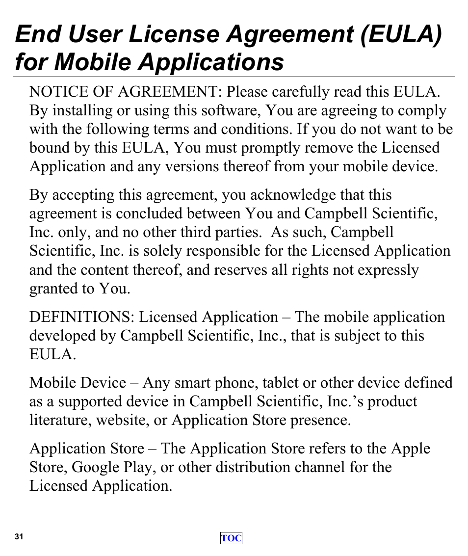 End user license agreement (eula) | Campbell Scientific LoggerLink Mobile App for Android User Manual | Page 33 / 39