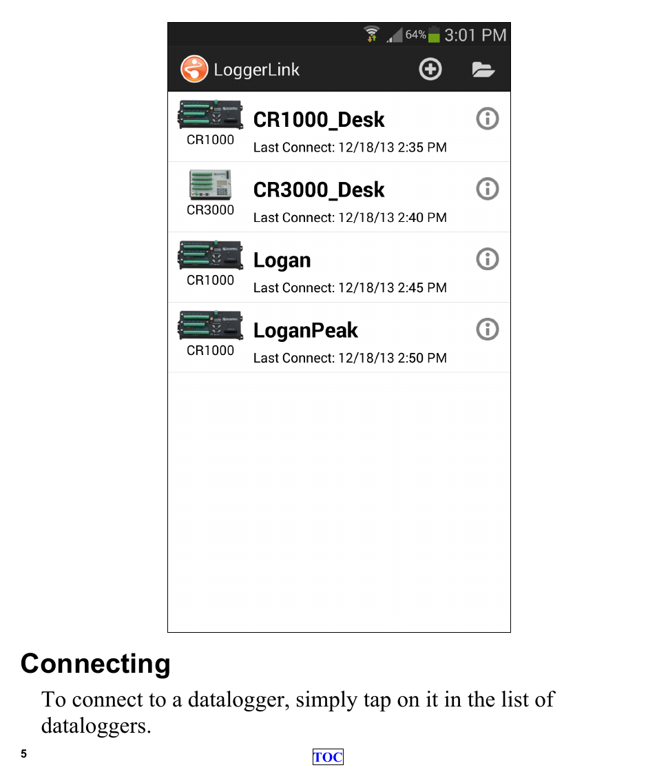 Connecting | Campbell Scientific LoggerLink Mobile App for Android User Manual | Page 7 / 39