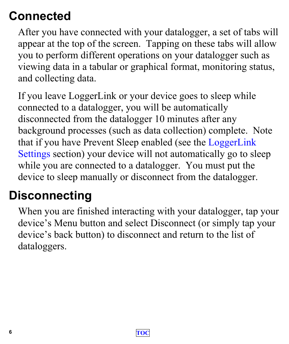 Connected, Disconnecting, Datalogger setup | Campbell Scientific LoggerLink Mobile App for Android User Manual | Page 8 / 39