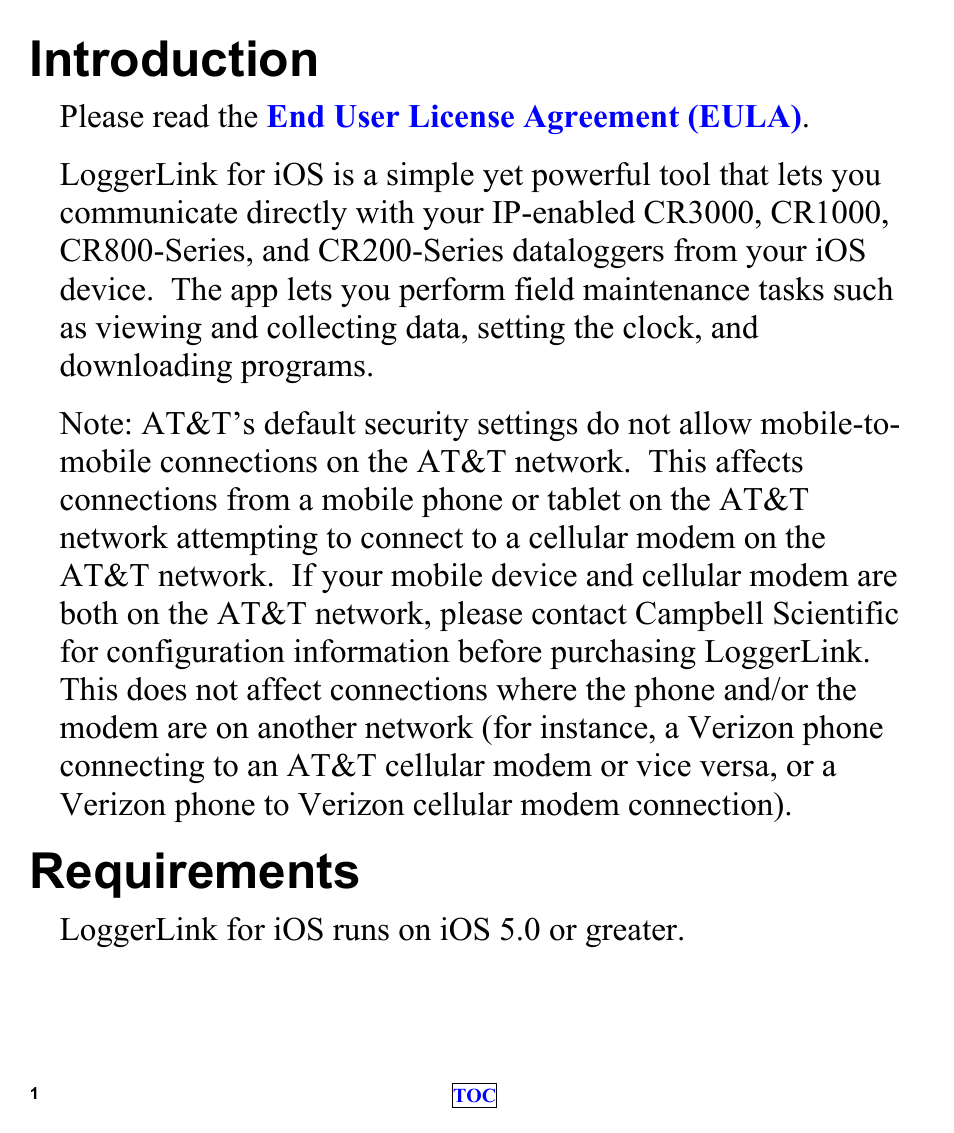Introduction, Requirements | Campbell Scientific LoggerLink Mobile App for iOS User Manual | Page 3 / 42